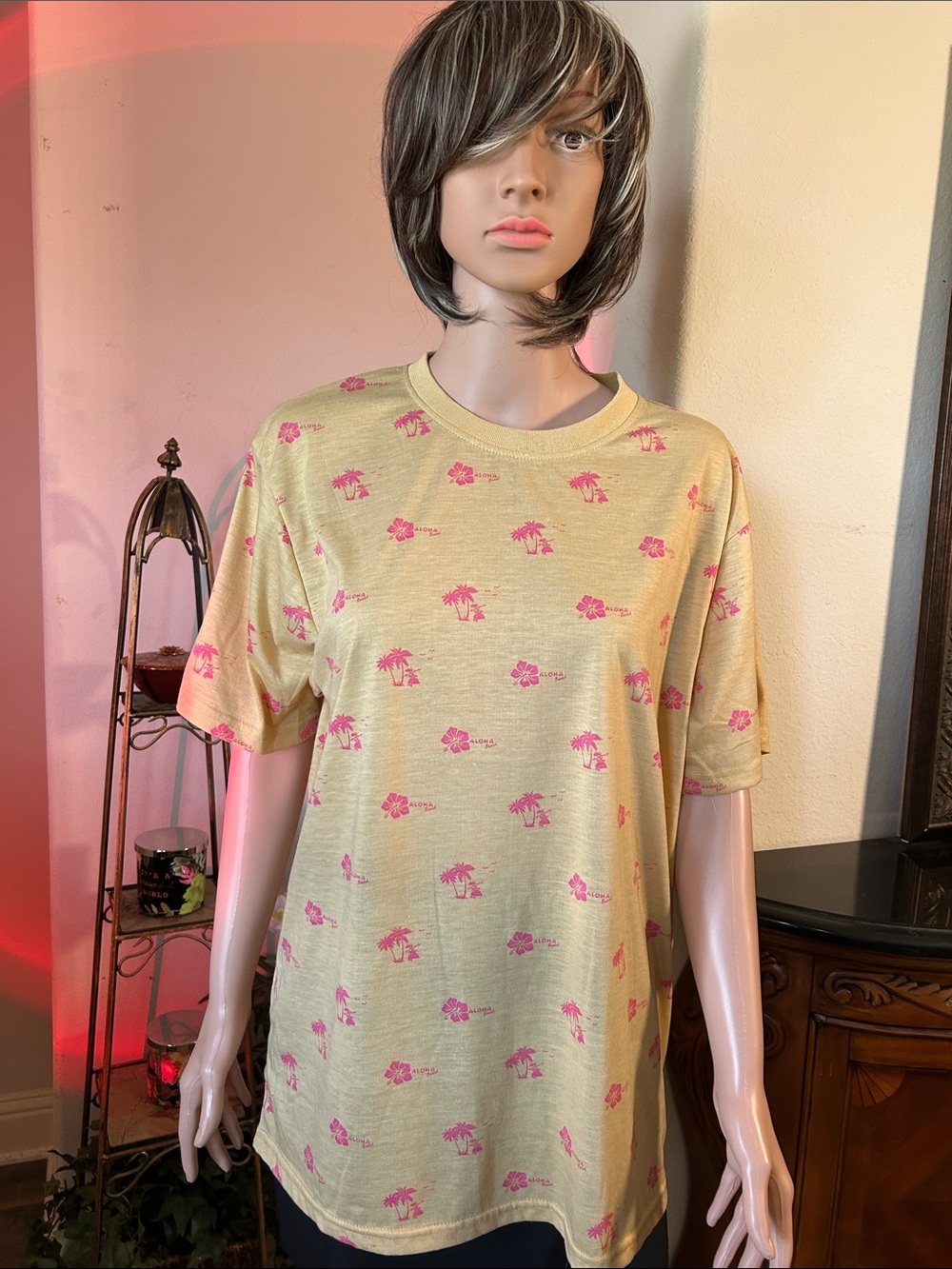 Women's Short Sleeve Tee - Yellow with Pink Floral Print
